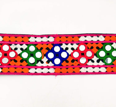Black Cotton Fabric Trim with Multicolor Embroidery and Real Mirror, Kutch Embroidery Trim, Mirror Lace